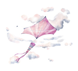 Watercolor hand drawn illustration of colorful sky kite toy in blue clouds. Vintage style delicate composition isolated on white background. Romantic beautiful summer art.
