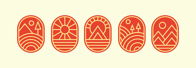 Summer holiday logo badge, nature sun mountain beach vector illustration