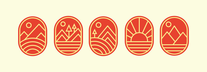 Summer holiday logo badge, nature sun mountain beach vector illustration