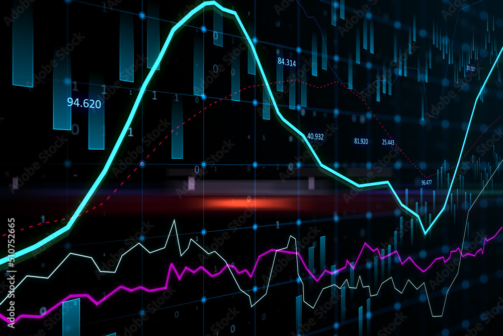 Aufkleber Abstract glowing forex graph on dark backdrop with candlestick. Invest, trade and broker concept. 3D Rendering.