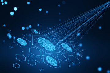Creative digital fingerprint hologram on dark background with lines. Cyber datanase and access concept. 3D Rendering.