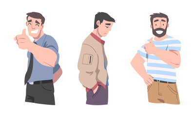 Fototapeta premium Man Different Emotion Feeling Sad with Head Down and Happy Showing Thumb Up Vector Set