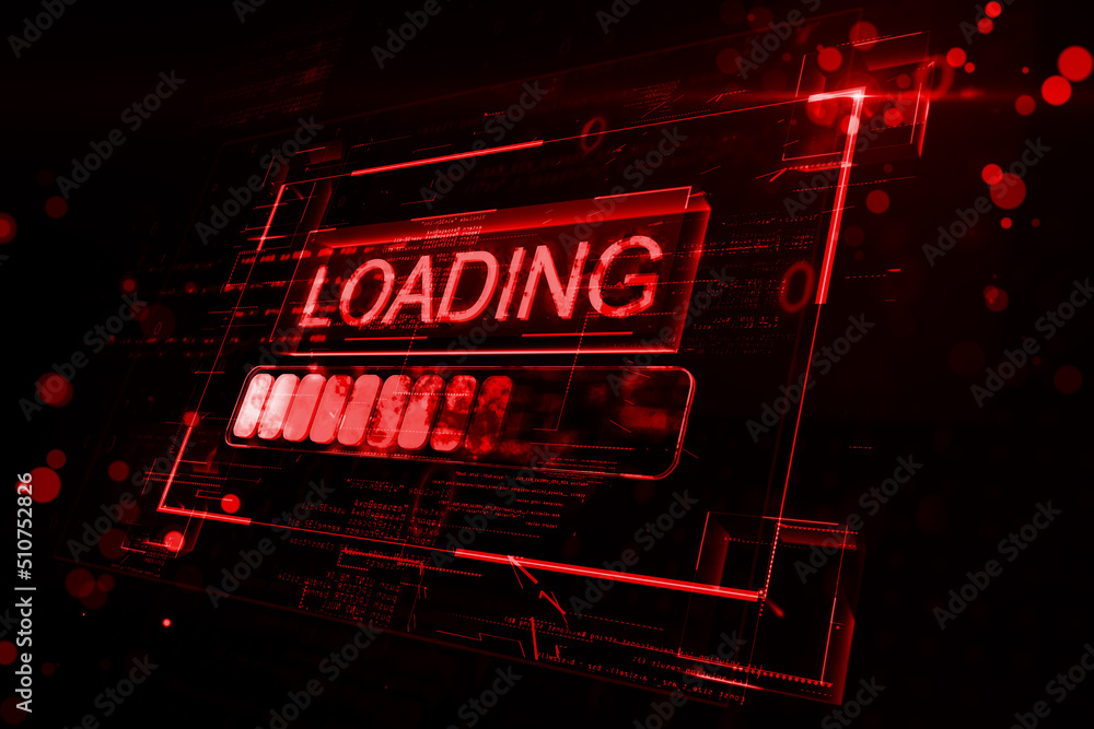 Leinwandbilder Loading data on low speed concept with digital red glowing loading sign in virtual glowing frame on abstract dark background. 3D rendering