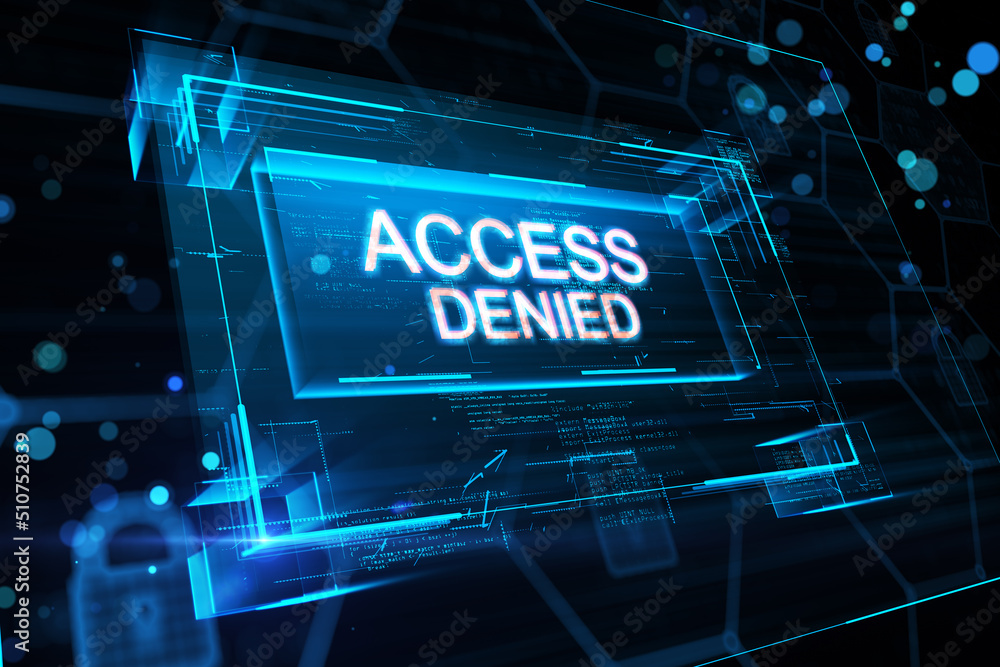 Aufkleber System refuses password, error with white access denied digital sign in virtual blue glowing frame on abstract background. 3D rendering