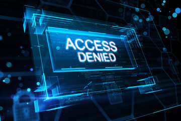 System refuses password, error with white access denied digital sign in virtual blue glowing frame on abstract background. 3D rendering