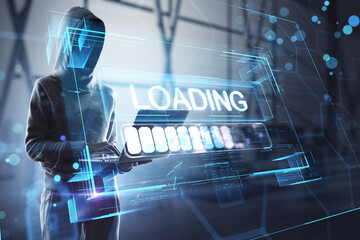 Cyber security and hacking concept with faceless theft in hoody using laptop and digital white glowing loading sign in virtual glowing frame, double exposure