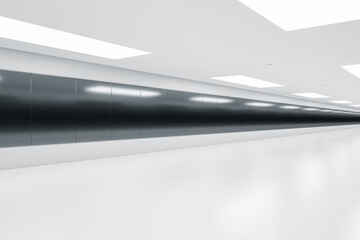 Perspective view on black and white wall in abstract modern transition area with LED lights on top and glossy floor. 3D rendering