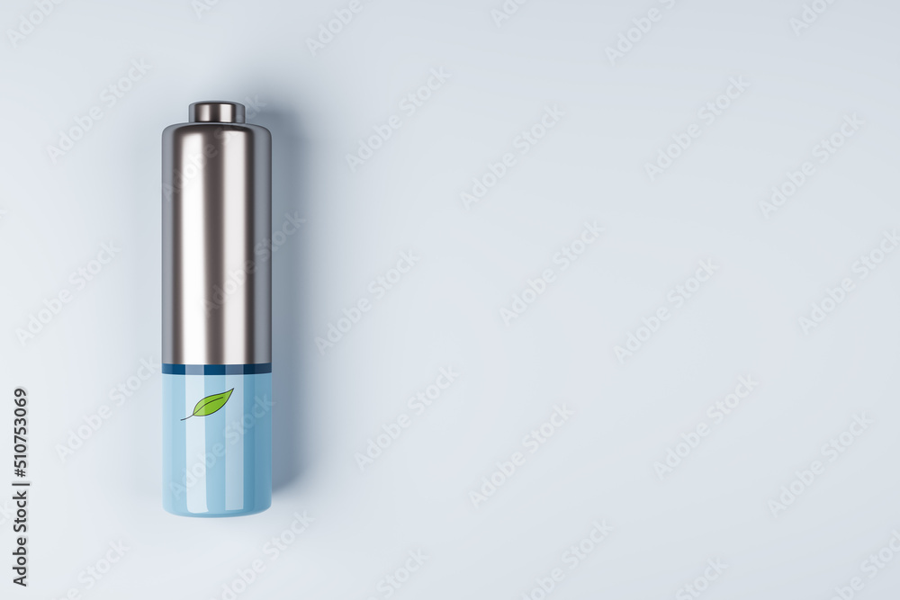Poster Green energy concept with front view on green leaf printed on silver and blue battery on abstract light grey background with space for your logo or text. 3D rendering, mock up