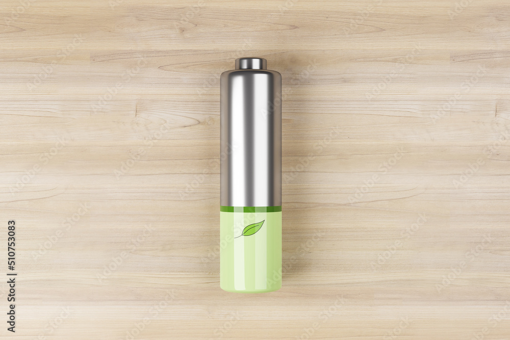 Poster green energy and green technology concept with front view on green leaf printed on silver battery on