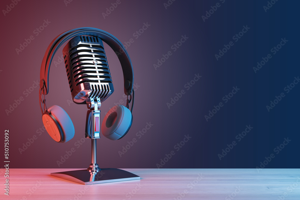Aufkleber Podcasting and radio concept with retro microphone and headphones on empty wooden table and dark blank wall background with place for your logo or text. 3D rendering, mock up