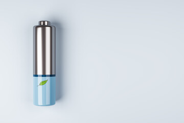 Green energy concept with front view on green leaf printed on silver and blue battery on abstract light grey background with space for your logo or text. 3D rendering, mock up