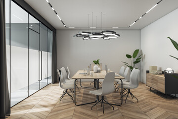 Naklejka na ściany i meble Side view on sunlit meeting room interior design with stylish lamp above light wooden conference table with vases and laptops, chairs on parquet floor, grey walls and glass door. 3D rendering