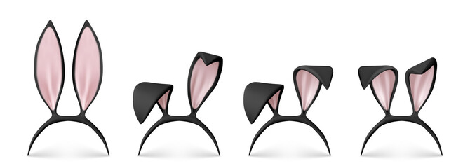 Bunny ears headband realistic vector illustration. Black rabbit easter mask, cute hare costume with pink ears, 3D icons isolated on white background