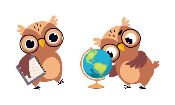 Cute Owl in Glasses Watching Earth Globe and Carrying Calendar Vector Set