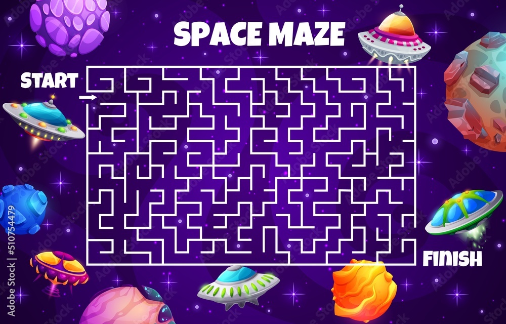 Poster space labyrinth maze, help ufo saucer to find planet, vector cartoon worksheet. kids escape puzzle o