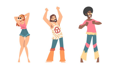 Hippie People Character Wearing Retro Style Clothing Performing Dancing Movement Vector Set