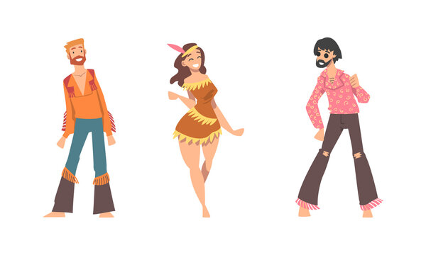 Hippie People Character Wearing Retro Style Clothing Performing Dancing Movement Vector Set