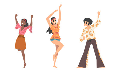 Fototapeta premium Hippie People Character Wearing Retro Style Clothing Performing Dancing Movement Vector Set