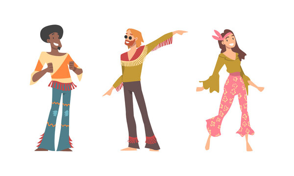 Hippie People Character Wearing Retro Style Clothing Performing Dancing Movement Vector Set