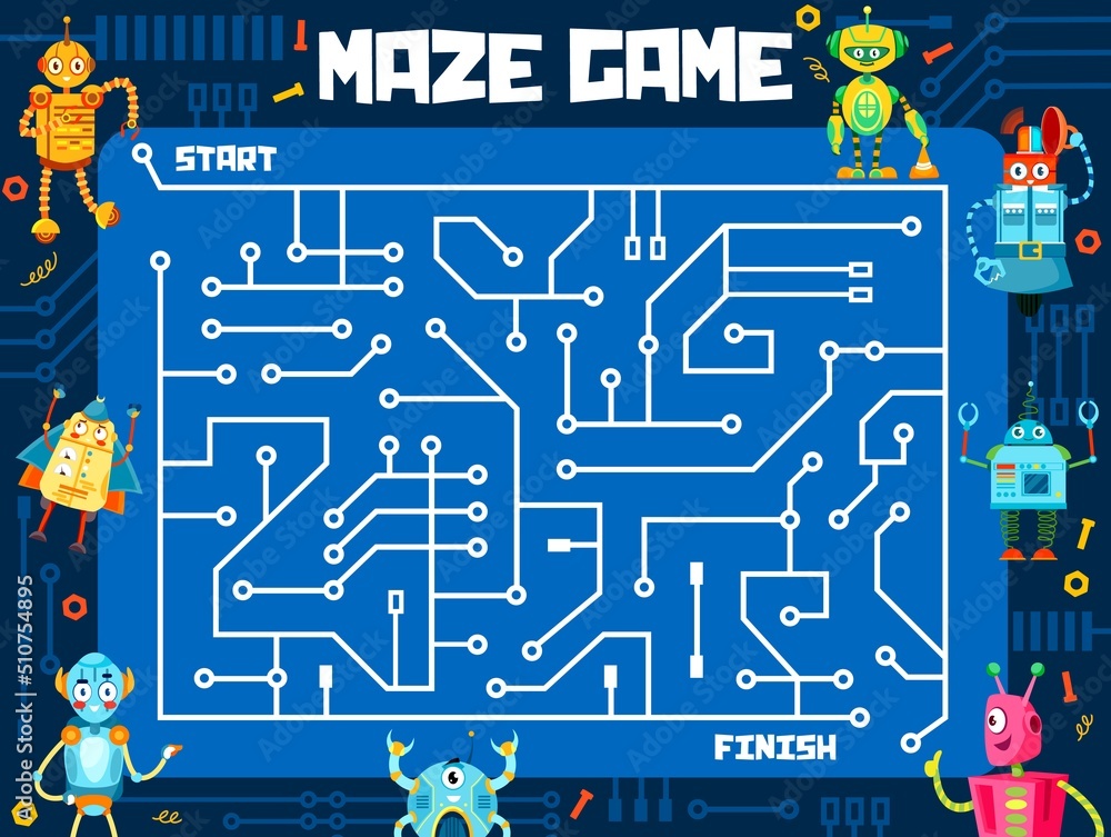 Leinwandbilder labyrinth maze game, cartoon funny robots and droids, vector puzzle worksheet. kids escape puzzle or