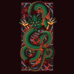 flying dragon chasing fireball vector illustration