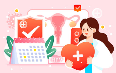 Doctor is fighting virus, caring for women's health, vector illustration