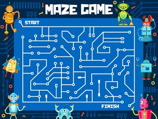 Labyrinth maze game, cartoon funny robots and droids, vector puzzle worksheet. Kids escape puzzle or labyrinth maze riddle on computer motherboard to search and find way out for robot toys