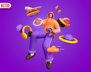 Virtual reality Man Gamer hands holding gaming console controller. Concept of cartoon style character in metaverse. Happy people positive emotions. Human happiness smile on face. vector illustration