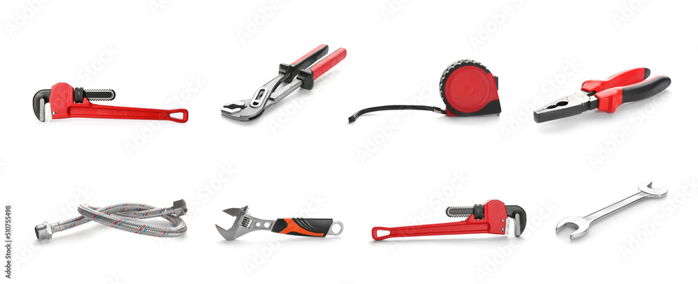 Wall mural Set with plumbing tools and supplies on white background. Banner design