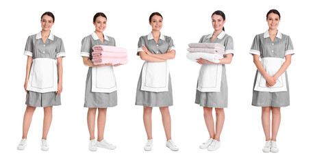 Collage with photos of young chambermaid in uniform on white background. Banner design