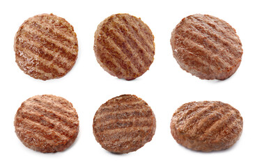 Set with tasty grilled hamburger patties on white background