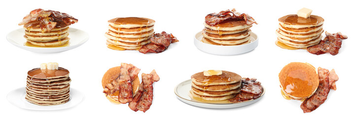Set with tasty pancakes on white background. Banner design