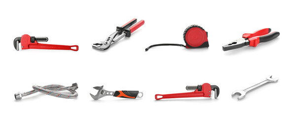 Set with plumbing tools and supplies on white background. Banner design