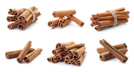 Set with aromatic cinnamon sticks on white background. Banner design