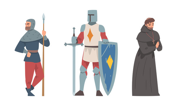 Knight from Middle Ages in Iron Armour Suit and Priest or Monk in Gown Vector Illustration Set