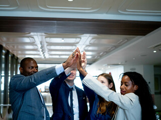 Businesswoman businessman cheerful teamwork group corporate colleague meeting partner together...