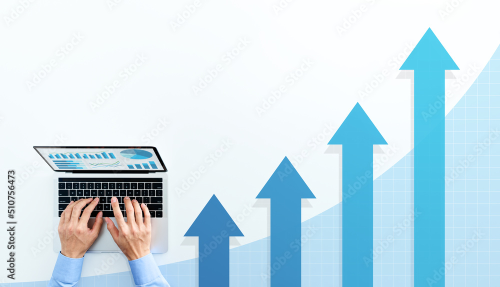 Poster business growth and analysis. top view of using laptop. blue graphs on laptop screen. four growth ar
