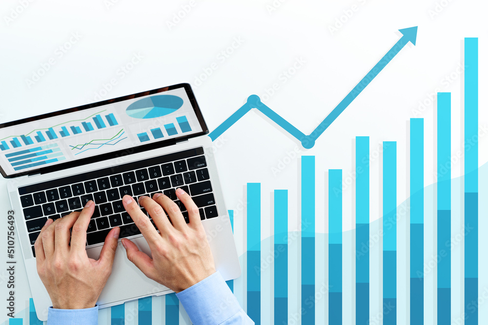 Aufkleber Business man using laptop for analysis. Blue graphs and laptop computer.