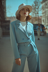 model in blue pantsuit