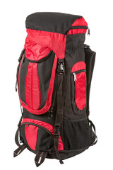 large tourist backpack, 70 liters, black with red, on a white background