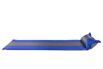 inflatable blue mat for sleeping, for hiking or camping, on a white background, horizontal arrangement