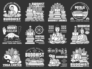 Buddhism religion isolated vector icons with Buddha, Buddhist temple and shrine stupas. Yin yang, lotus, dharma wheel and endless knot, mount Kailash and Potala palace fortress monochrome symbols - obrazy, fototapety, plakaty
