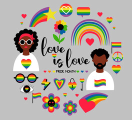 Vector set of LGBTQ community symbols. LGBT Pride Month black lesbian woman and gay ethnic man, pride flags, retro rainbow and love elements, reconciliation symbol. Gay pride, groovy celebration