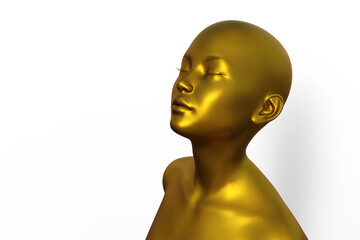 3D render portrait of a gold bald woman on a white background.