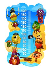 Naklejka premium Kids height chart cartoon fruit pirates and corsairs growth meter. Vector wall sticker with orange, plum, papaya and bergamot with grapes or dragon fruit with durian, pear or feijoa funny characters