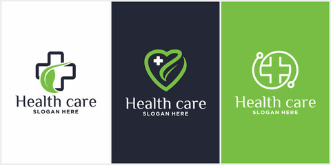 Health love logo set. Medical health logo design template with combination of leaves.
