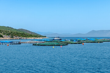Fototapeta na wymiar Fish farms in the Ionian Sea off the coast of mainland Greece.