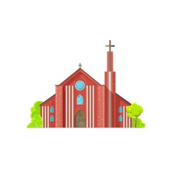 Protestant church building icon. Christian denomination temple, congregation pray house cartoon vector building exterior, facade with brick walls, bell tower or spire with cross, stained glass window