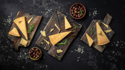 Parmesan cheese on a wooden board, Hard cheese with rosemary on a dark background. Long banner format. top view.