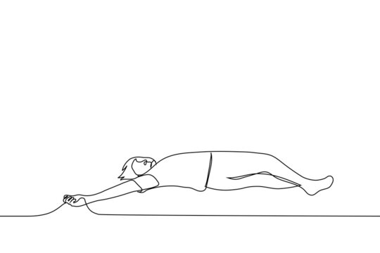 man lying on the floor - one line drawing vector. concept fatigue, fainting, loss of consciousness, dead person